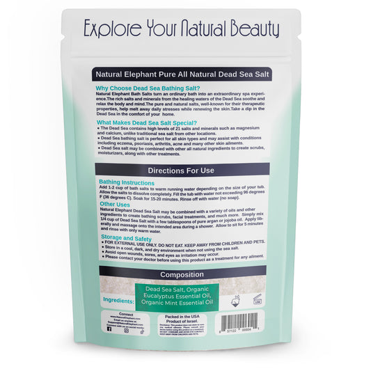 The back of a Dead Sea Salt bag, displaying product benefits, directions for use, and ingredients, including Dead Sea salt, eucalyptus, and mint essential oils.