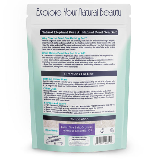 Rear view of a Dead Sea bath salts package by Natural Elephant. The label explains the soothing and skin-renewing benefits of Dead Sea salt, directions for bath use, and alternative applications for scrubs and skincare. Safety instructions and storage guidelines are also provided.