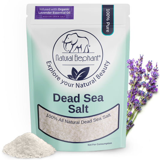 A pouch of Dead Sea bath salts, labeled as 100% pure and natural. The packaging notes its lavender-infused formula for a relaxing Dead Sea salt bath, with a heap of white salt and purple lavender flowers displayed.