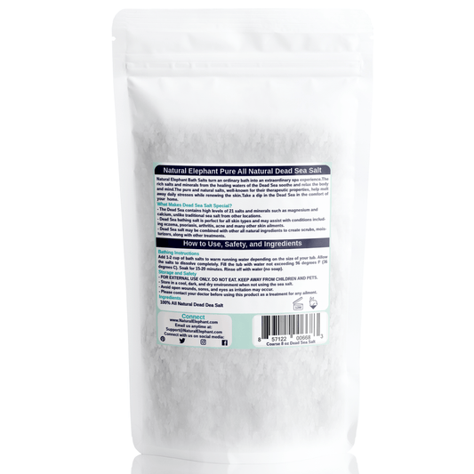 Rear view of Dead Sea Salt, 8 oz (225 g) resealable bag, featuring details on mineral benefits, bath instructions, and storage guidelines.