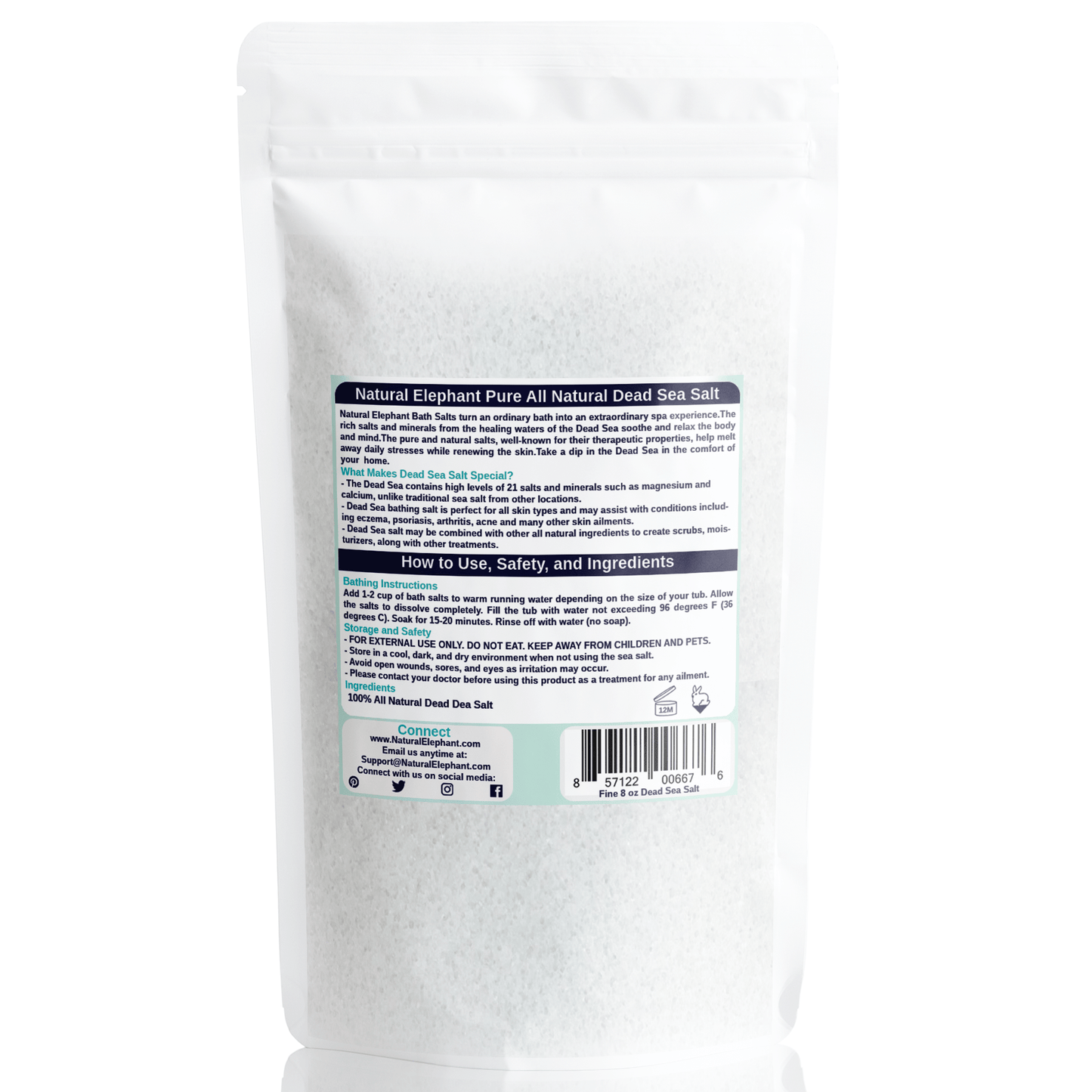 Rear view of Dead Sea Salt, 8 oz (225 g) resealable bag, featuring details on mineral benefits, bath instructions, and storage guidelines.