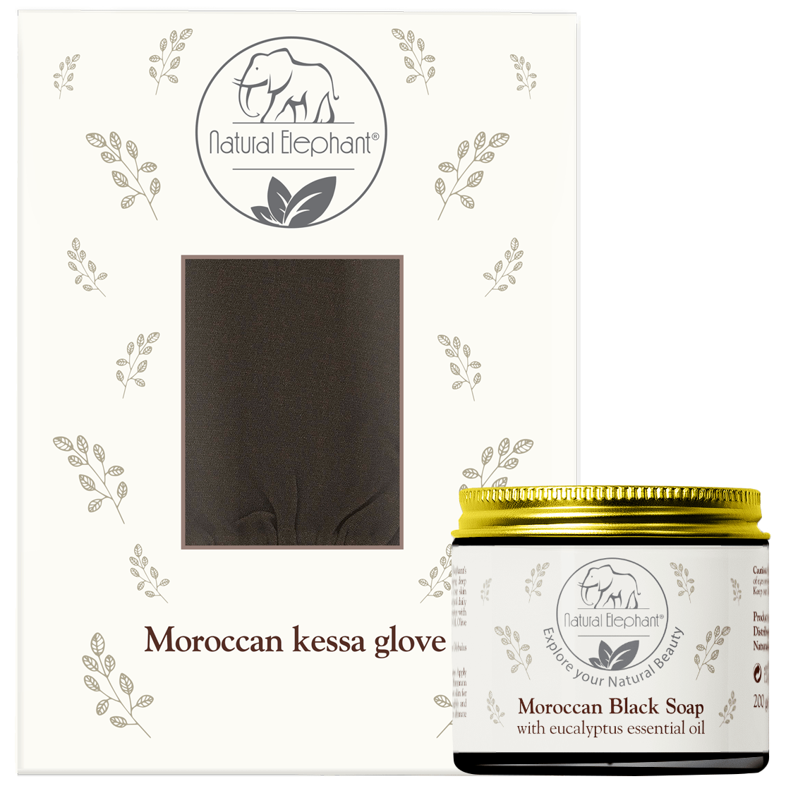 Traditional Moroccan Kessa Glove and Black Soap Set - Natural Elephant