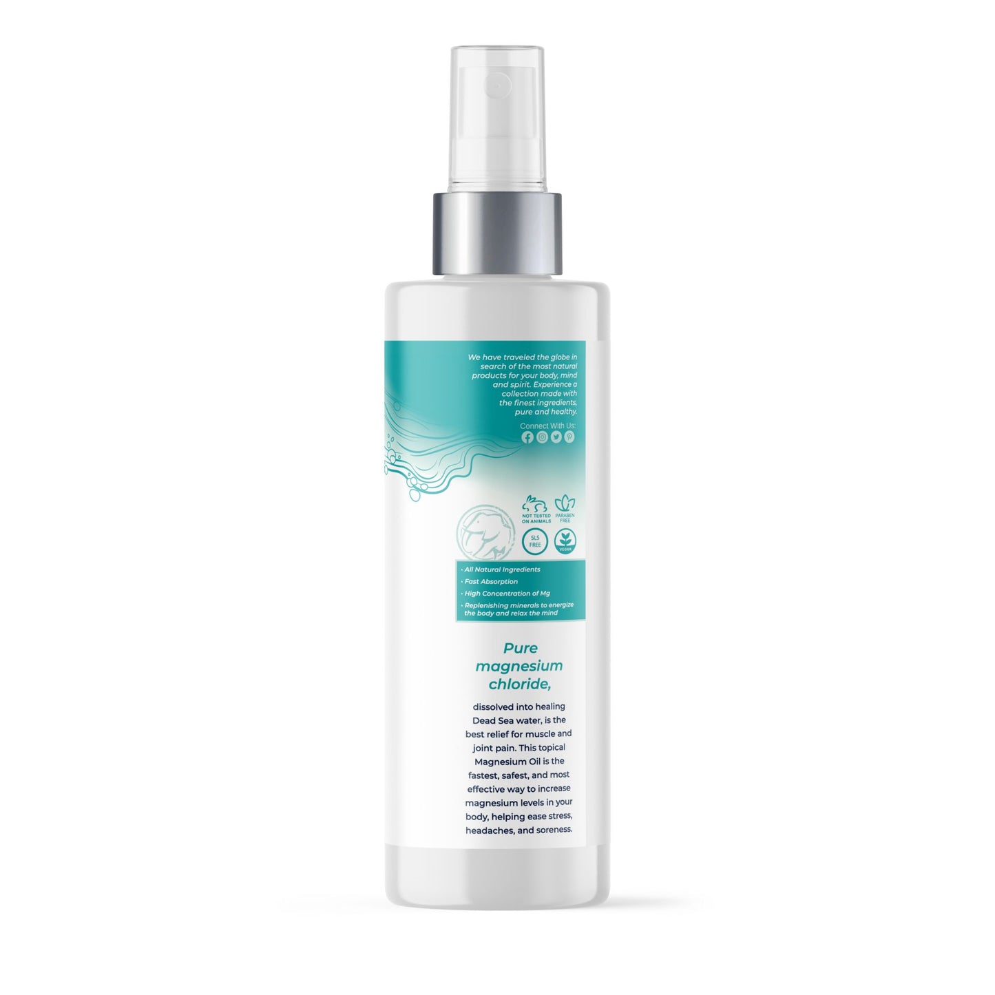 Back of Pure Magnesium Chloride Spray in a 200ml bottle. This Dead Sea magnesium oil is formulated for muscle relief, relaxation, and fast absorption.