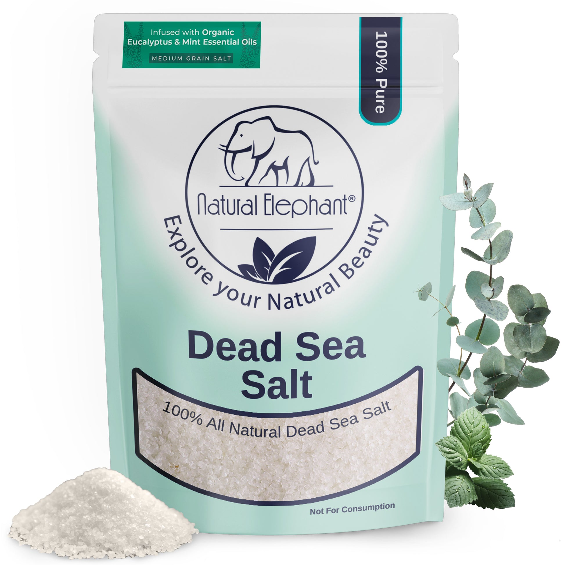 A resealable bag of Dead Sea Salt, ideal for Dead Sea salt baths and scrubs. Coarse salt granules and eucalyptus leaves are in the foreground.