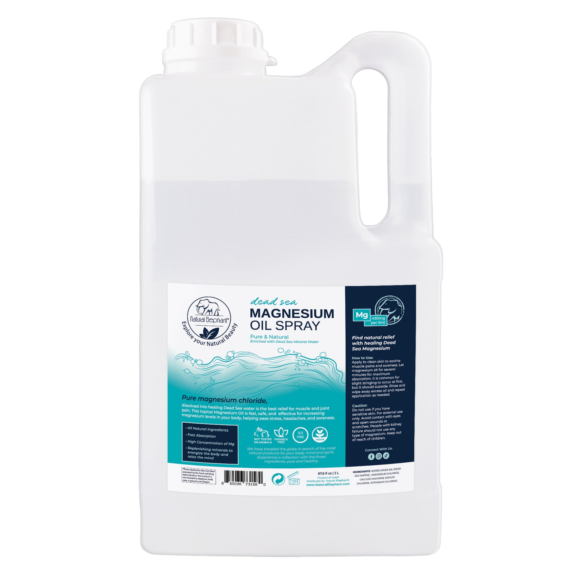 Magnesium oil spray in a 2L container. This Dead Sea magnesium oil is formulated for natural relief, supporting sleep, muscle recovery, and skin health.