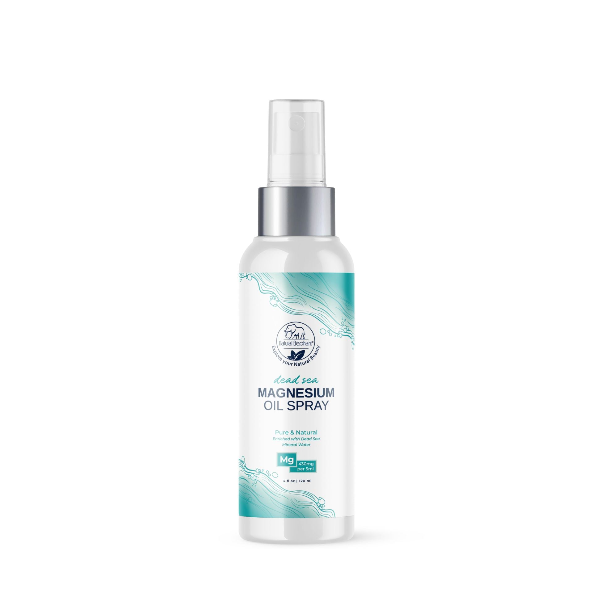 Dead Sea magnesium oil spray in a 120ml bottle. This pure magnesium oil spray is enriched with Dead Sea minerals, offering natural benefits.