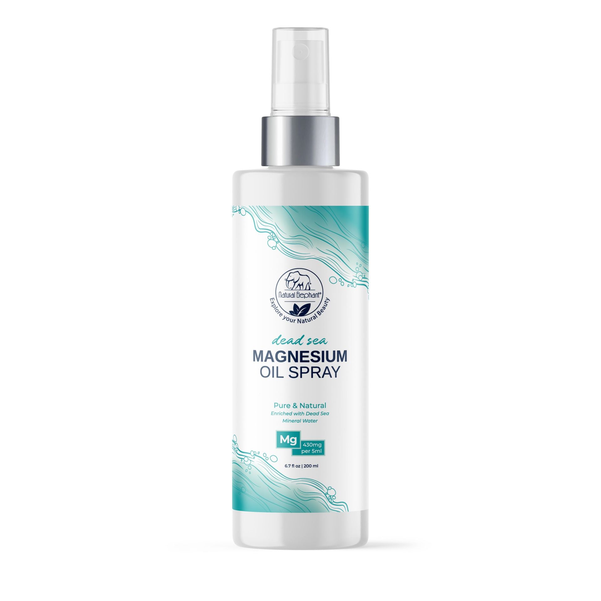 Dead Sea magnesium oil spray in a 200ml bottle. This pure magnesium oil spray is enriched with Dead Sea minerals, offering natural benefits.