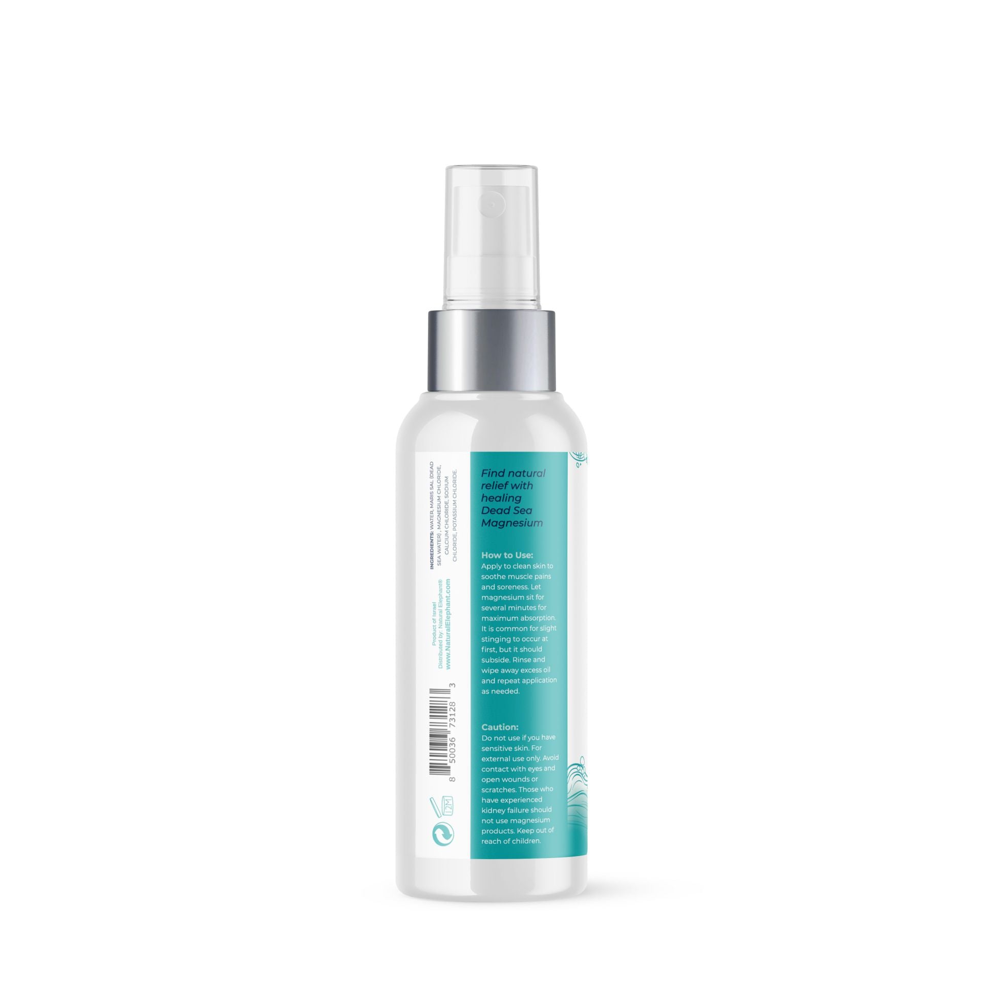 The side of a Natural Elephant Dead Sea Magnesium Oil Spray 120 l bottle. showing a detailed how to use magnesium oil spray guide. Instructions explain application for muscle and joint support.