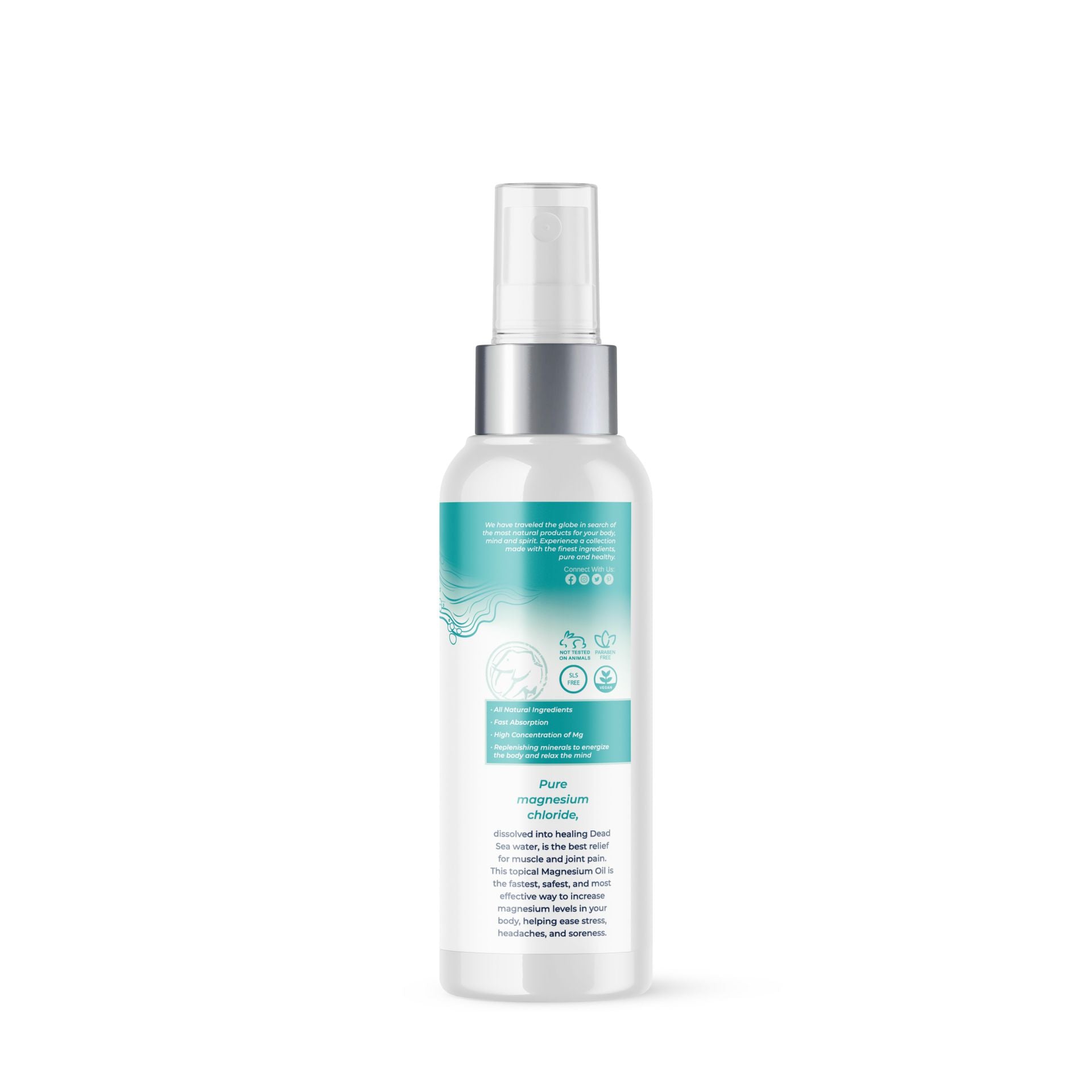Back of Pure Magnesium Chloride Spray in a 120ml bottle. This Dead Sea magnesium oil is formulated for muscle relief, relaxation, and fast absorption.