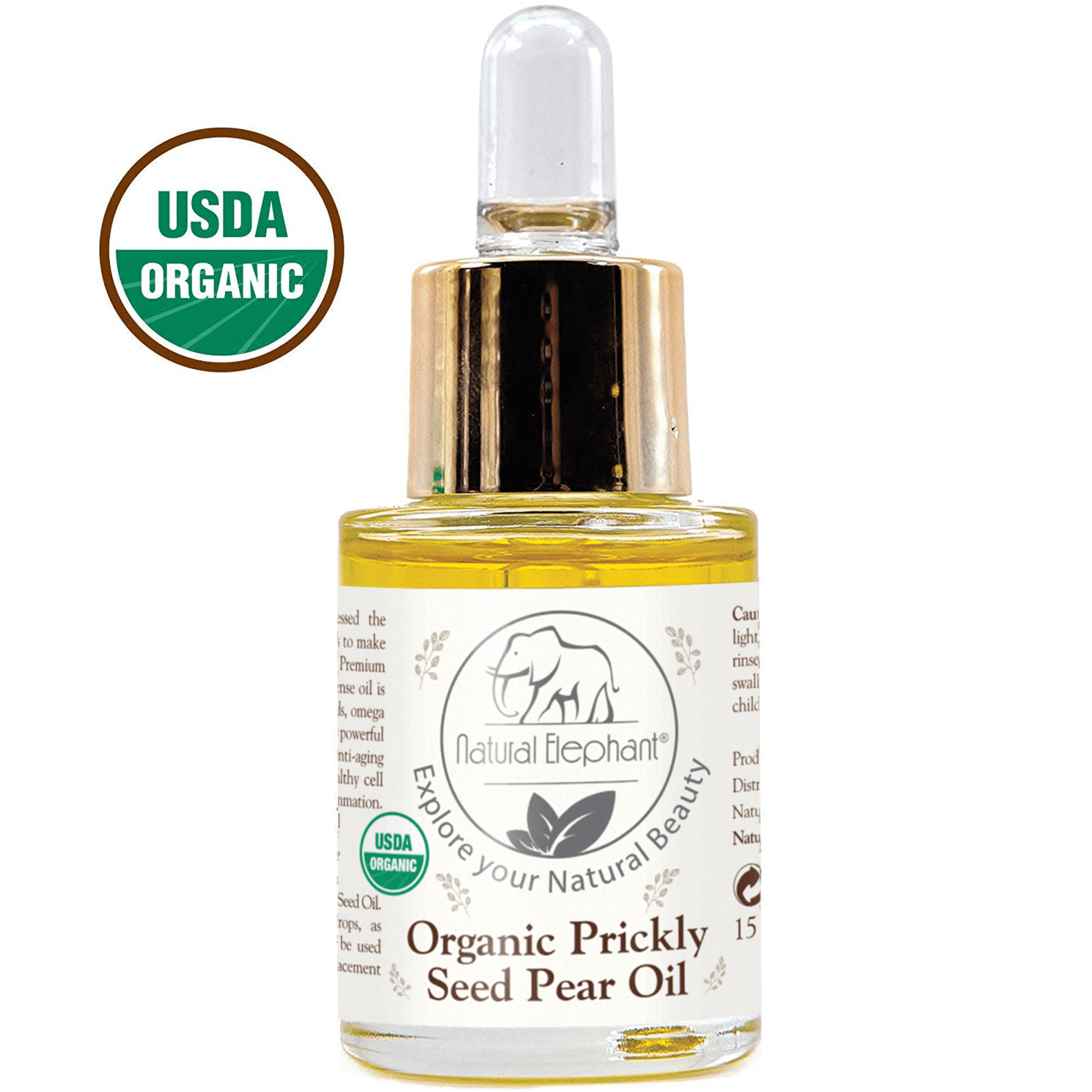 A bottle of organic prickly pear seed oil by Natural Elephant, featuring a dropper cap and golden oil inside. Labeled USDA Organic, this hydrating face serum is rich in vitamin E for skincare benefits.